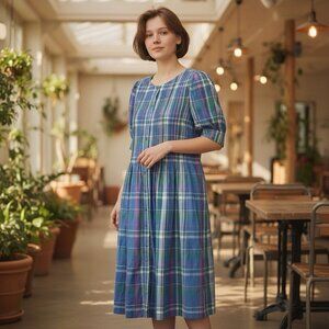 VINTGE 80s MATTI Sport Pastel Plaid Midi Dress Pastel Cottagecore Preppy Size 14